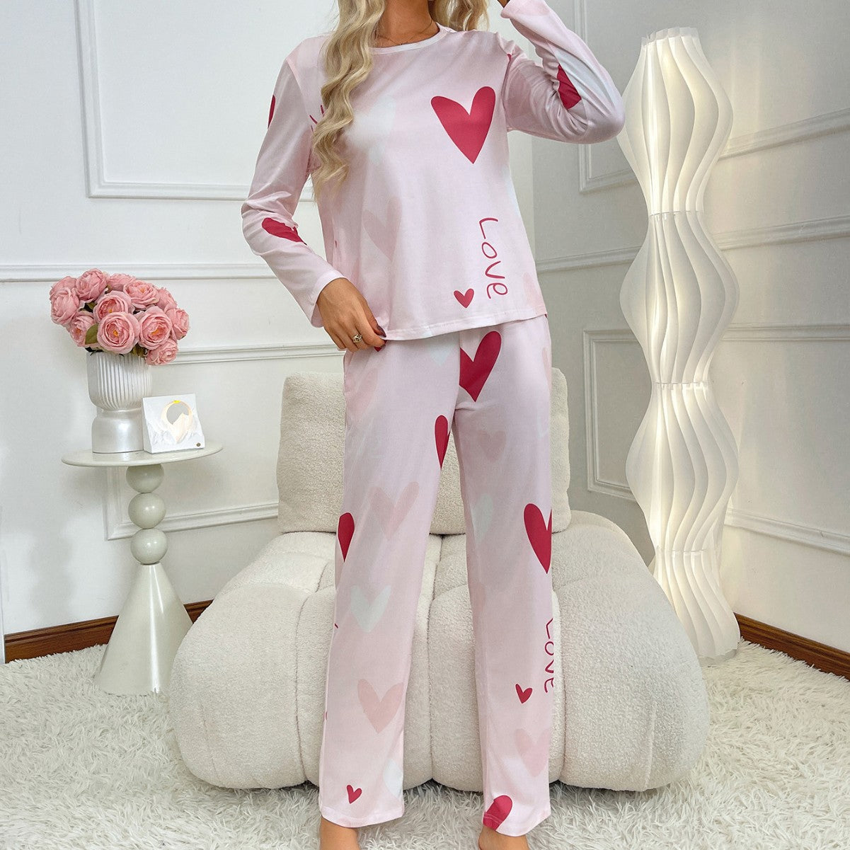 Pink polyester pajama set women love print design elastic waist pants long sleeve top