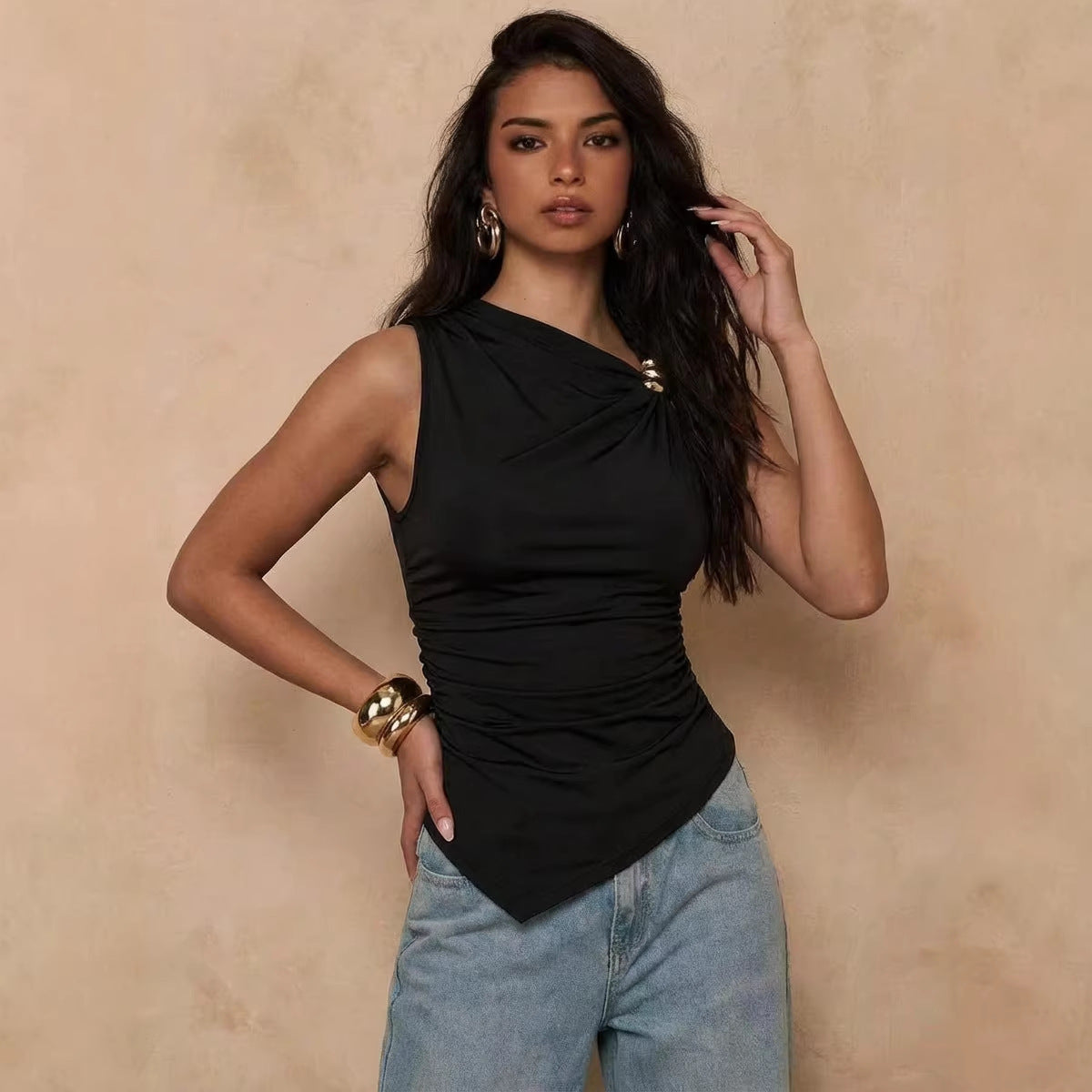 Women’s Asymmetrical Pleated Tank Top Elegant Fit Style