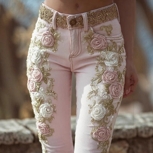 Pink Rose Embroidered Jeans - Flared, Artistic Fit Now!