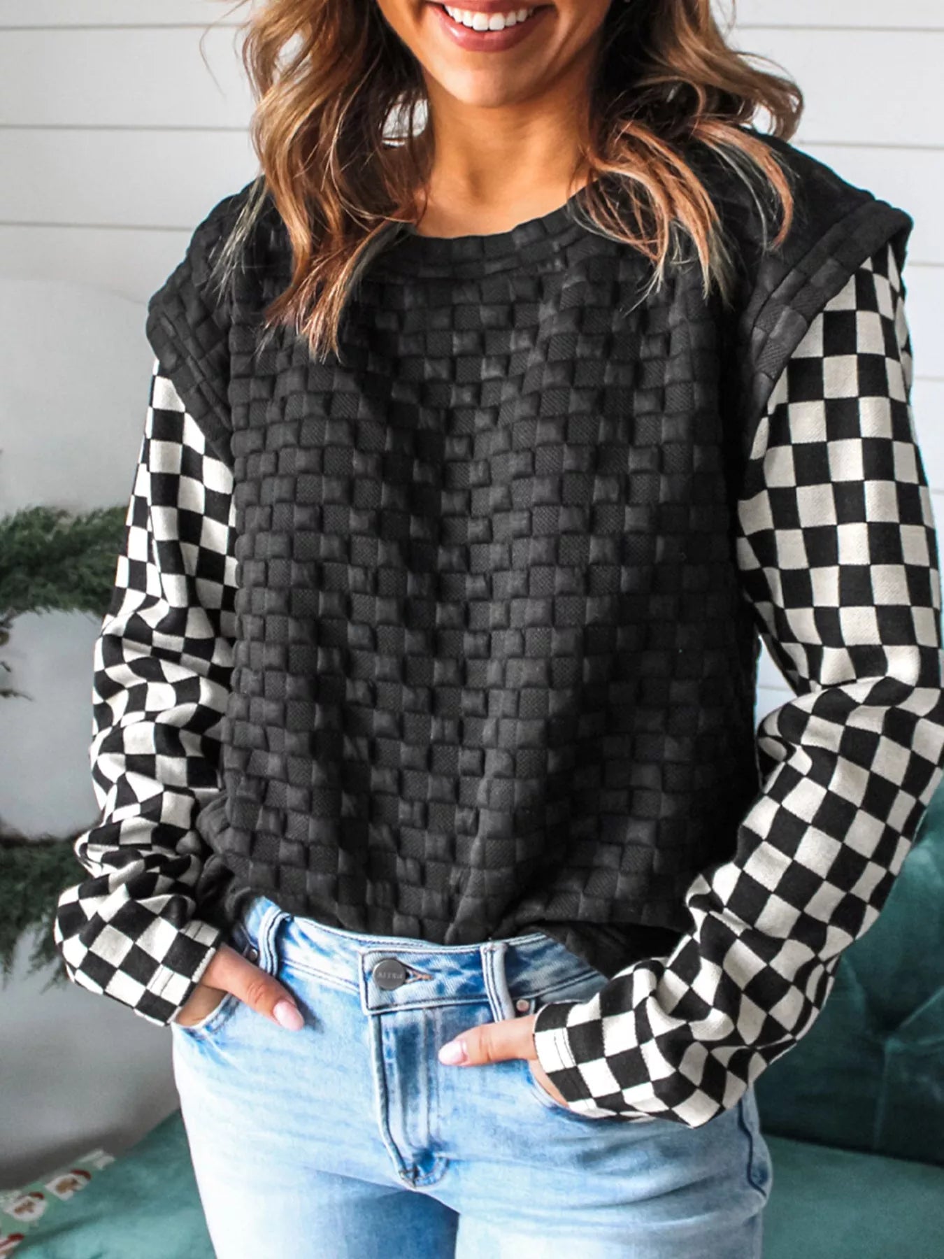 Back view – checkered patchwork long sleeve top clean lines
