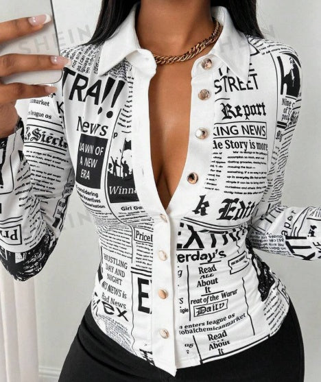 Back view of full-print shirt’s tailored silhouette and long sleeves