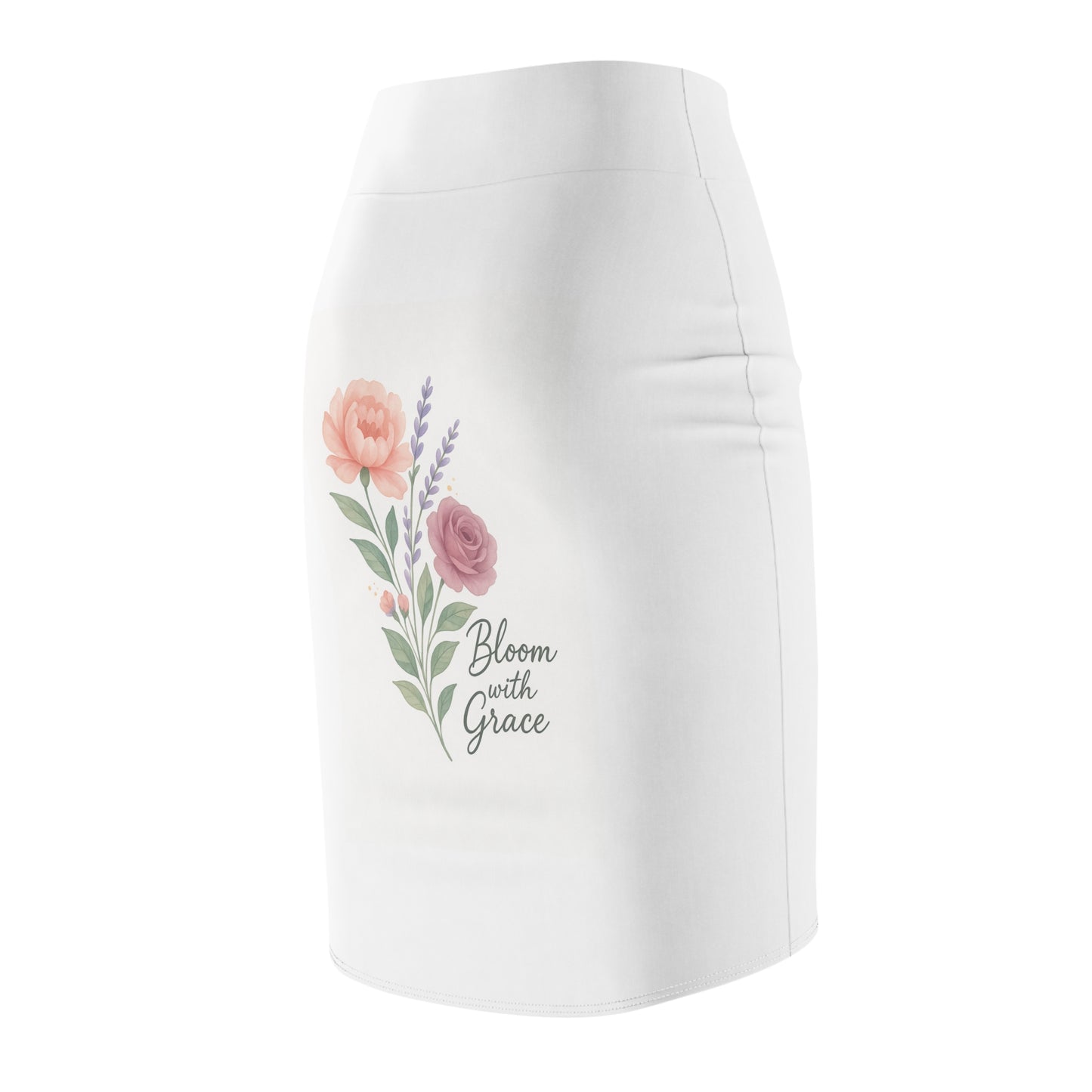 White pencil skirt with floral print and text design