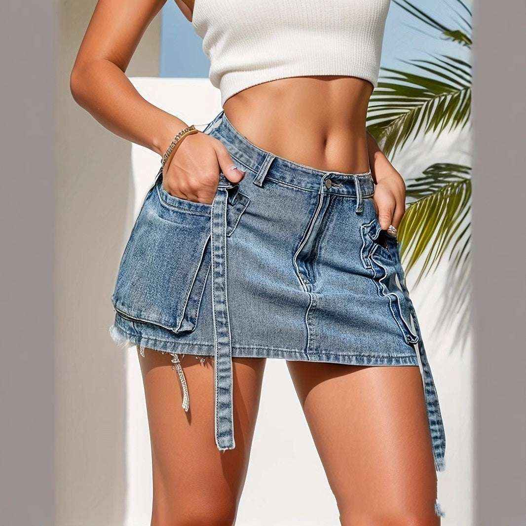 Y2K Low Rise Denim Mini Skirt - 90s Club Vibes