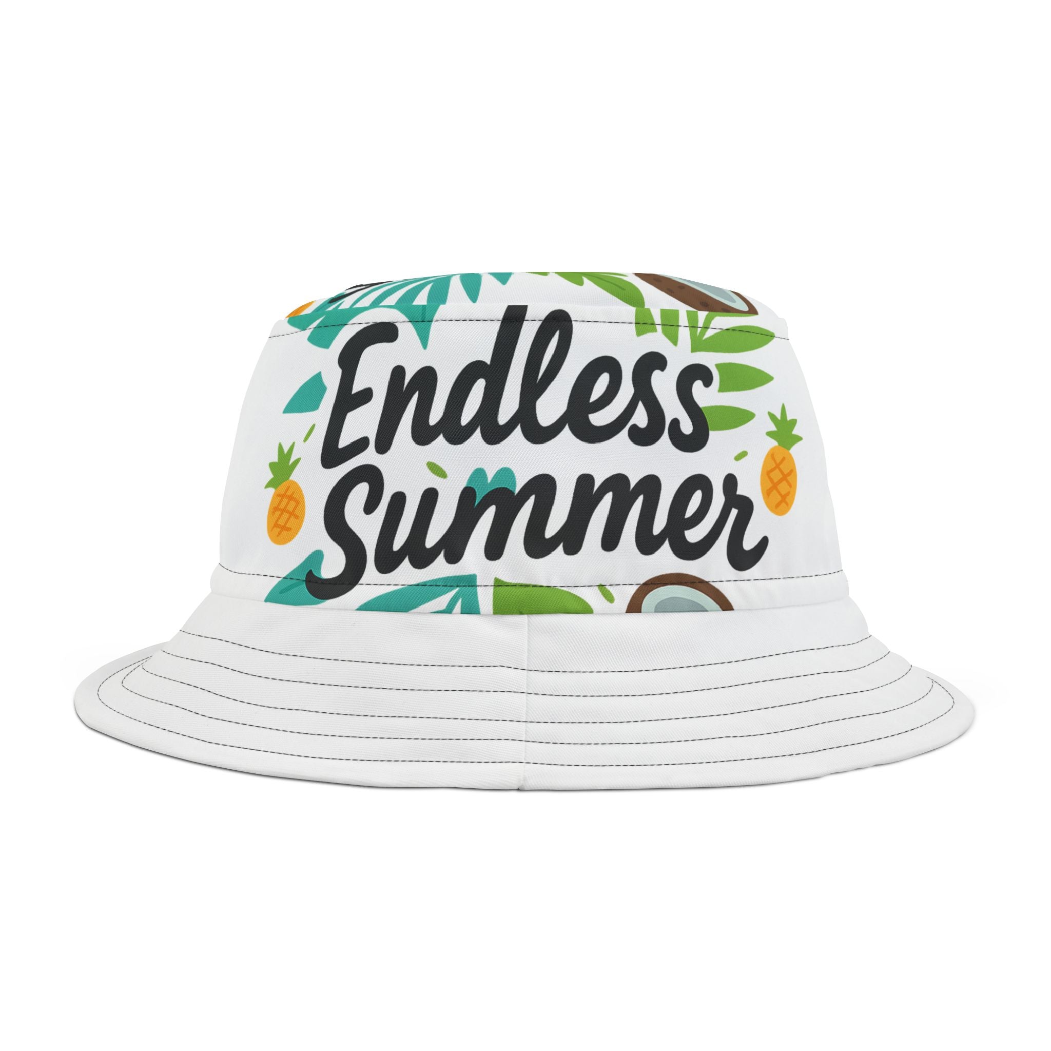 Endless Summer Bucket Hat worn by model in vibrant beachwear, ideal for vacation photo ops