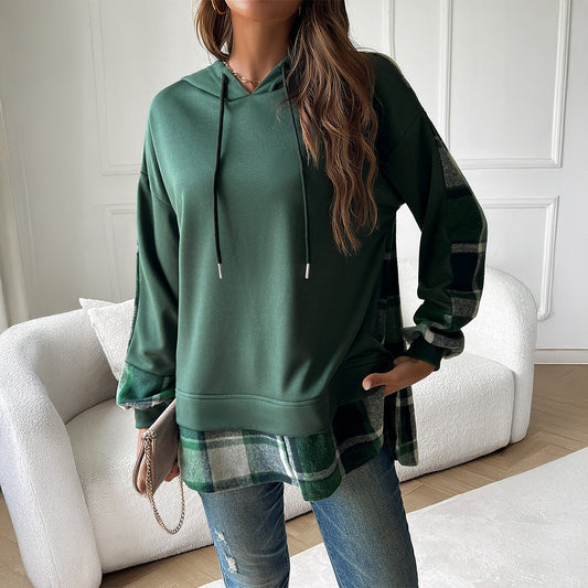 Brown Plaid Patchwork Vintage Oversized Hoodie for Women – Comfortable Streetwear Essential