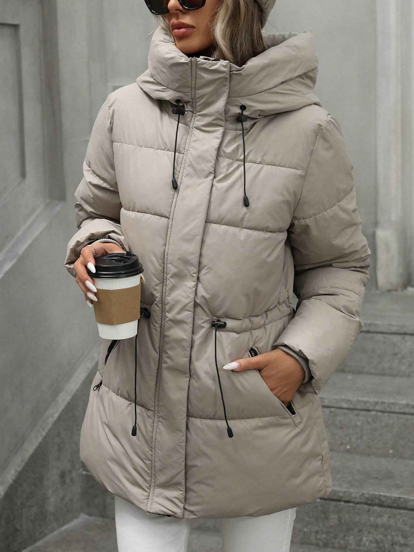 Adjustable Quilted Hooded Winter Coat for Women