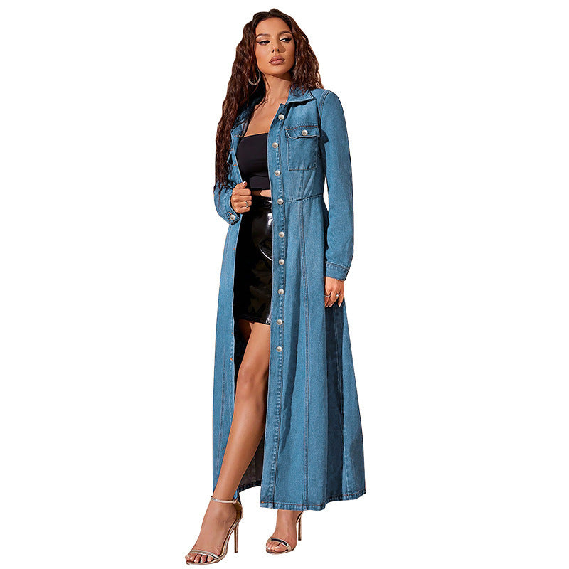 Denim Button Cardigan Jacket Dress full-length city shot