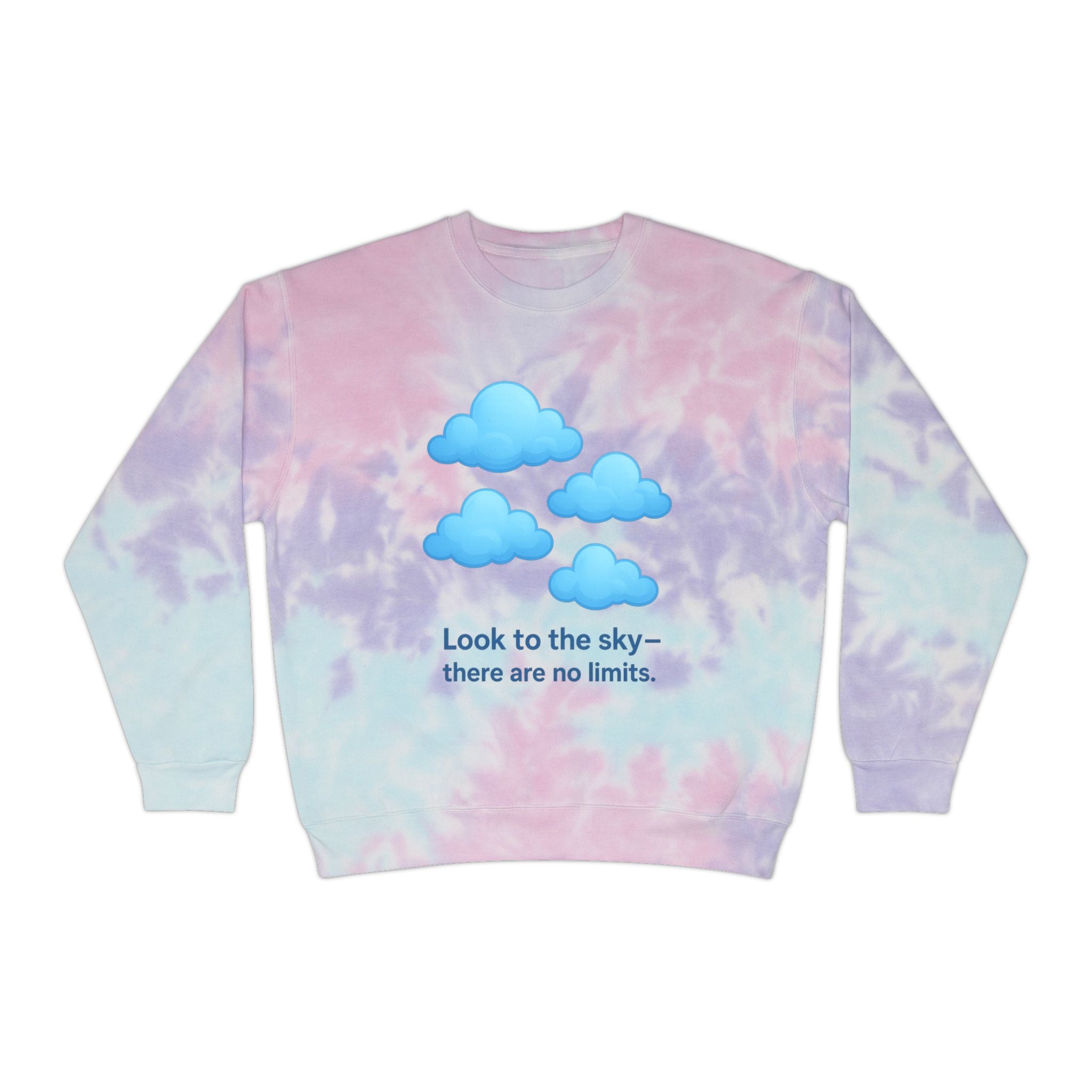 Close-up of cloud-patterned hand-dyed fabric on our unisex cozy pullover, highlighting vibrant dye details.