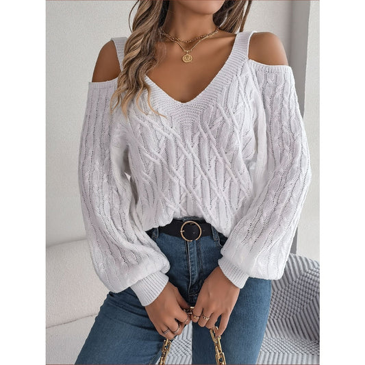 Light Blue Off-Shoulder Lantern Sleeve Sweater – Twist Design Adds Playful Flair to Winter Layers