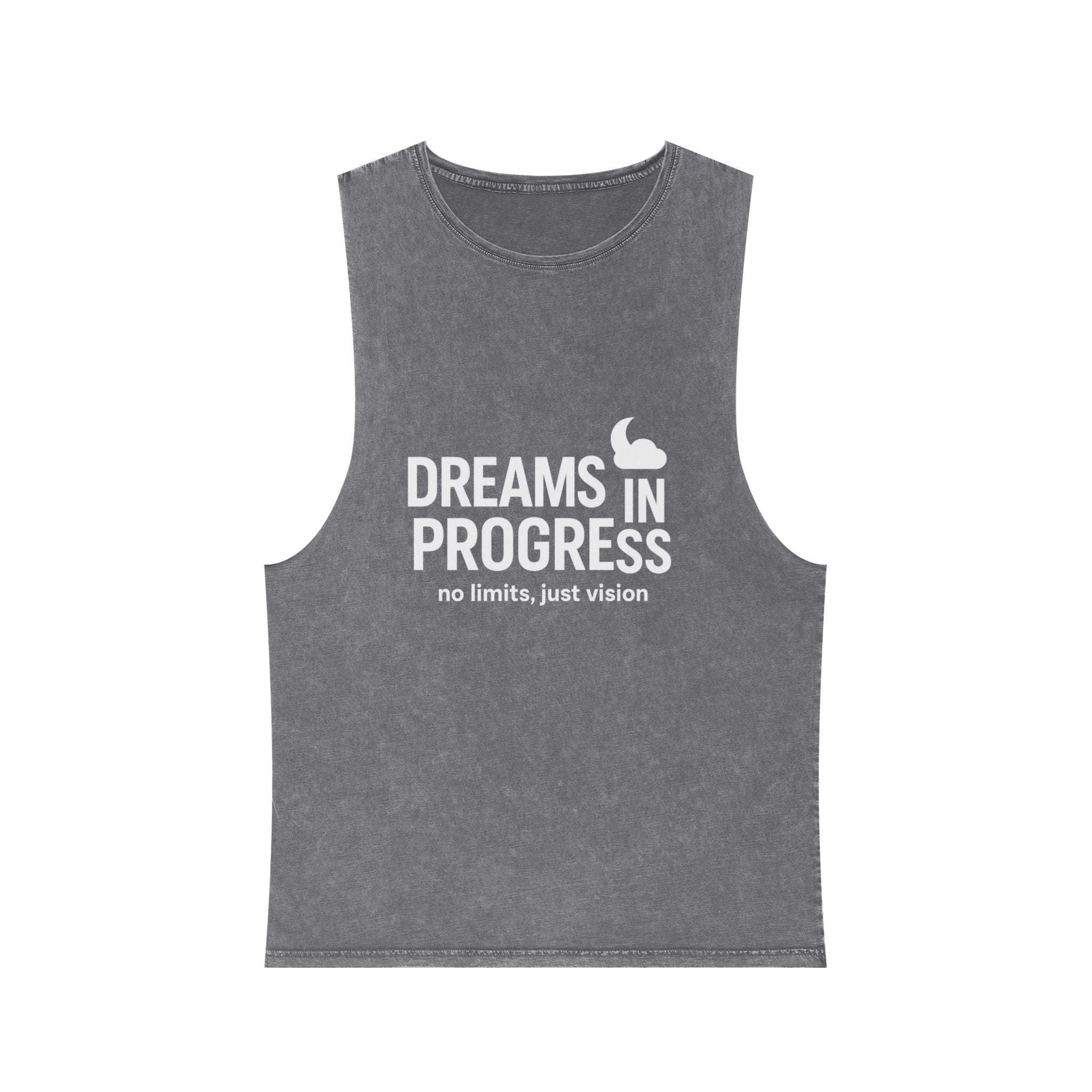 Detail of raw sleeve edge and shoulder tape on motivational tank top