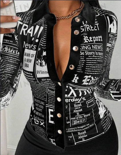 Model showcasing medium-stretch button-front long sleeve shirt in motion