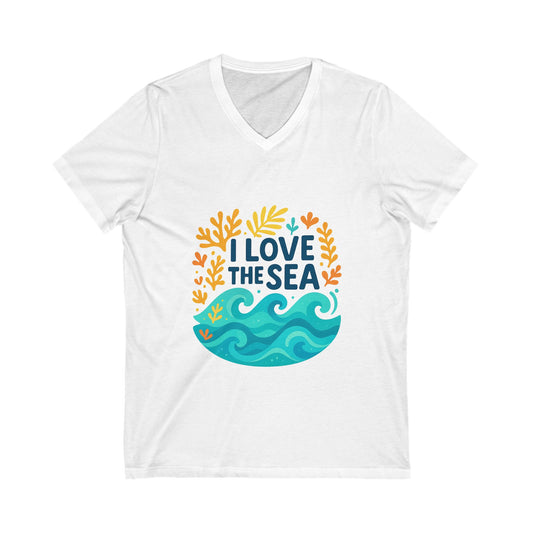 Model wearing ocean-themed V-neck tee in relaxed beach setting, ideal for casual summer wear