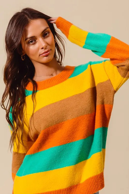 Multi color stripe sweater close-up – ribbed texture and bold hues