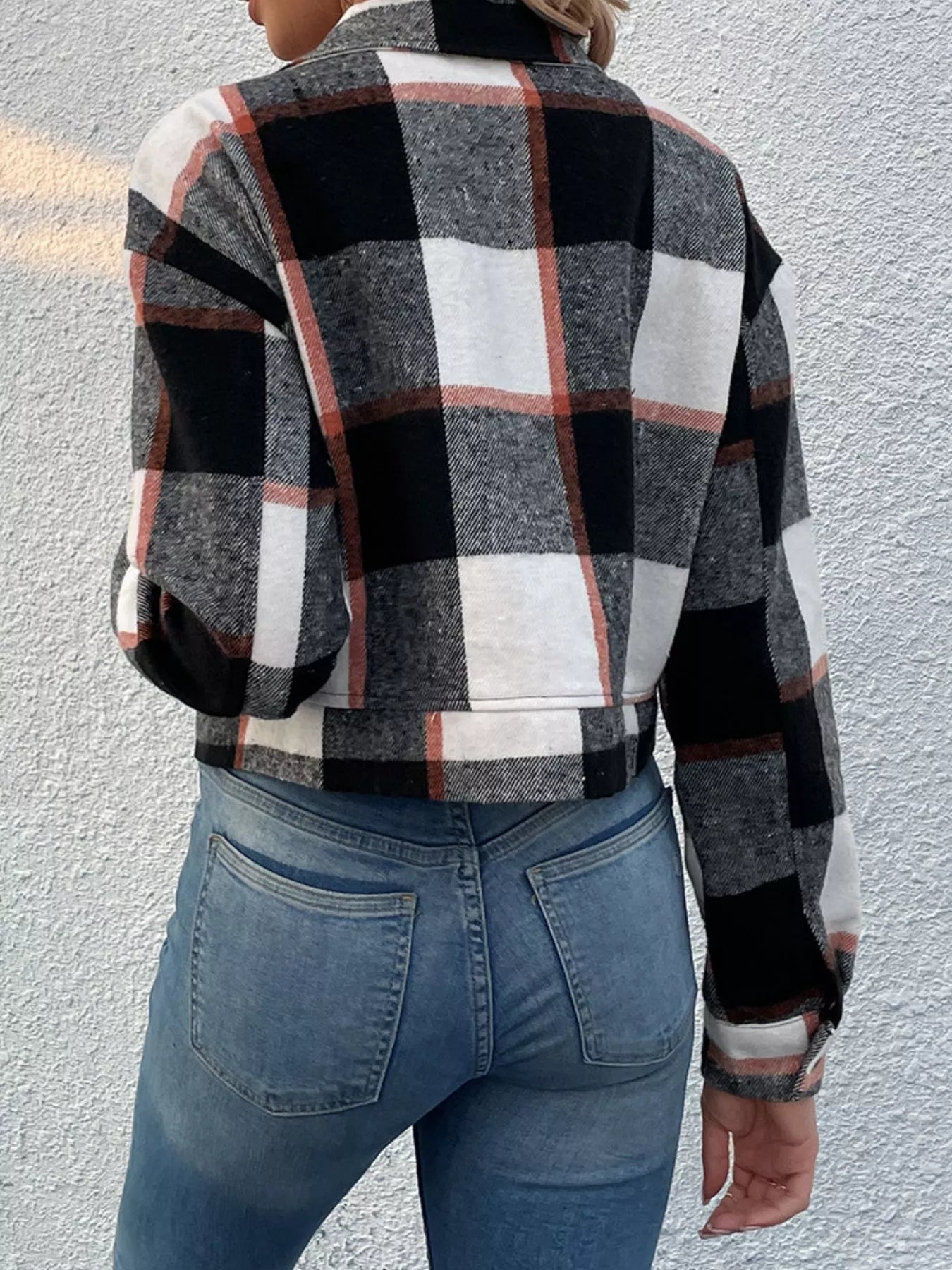 Plaid Crop Jacket in Motion – Twirl Shot for Dynamic Fall Fashion (54 characters)