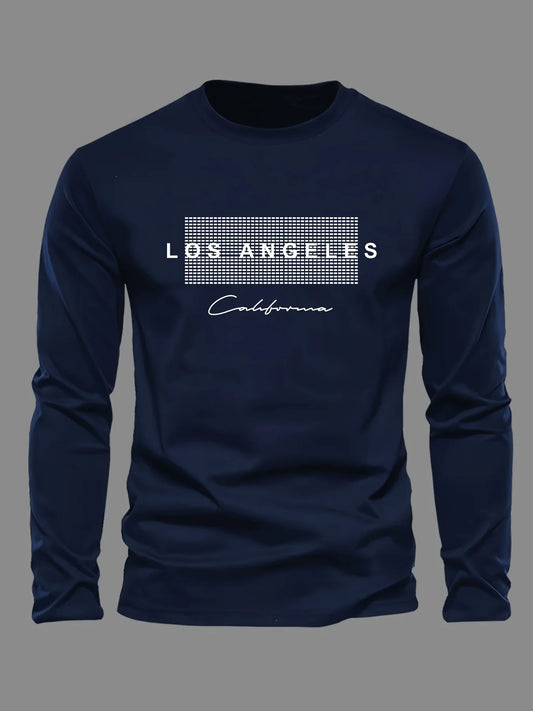 men's Los Angeles long sleeve tee front view with bold letter print across chest, crew neck styling for daily outfits