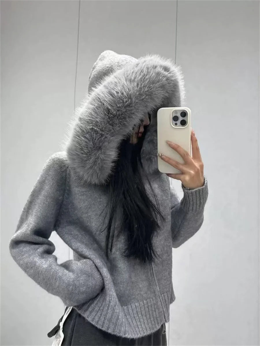 Oversized Hooded Cardigan – Cozy Fake Fur Zip Jacket