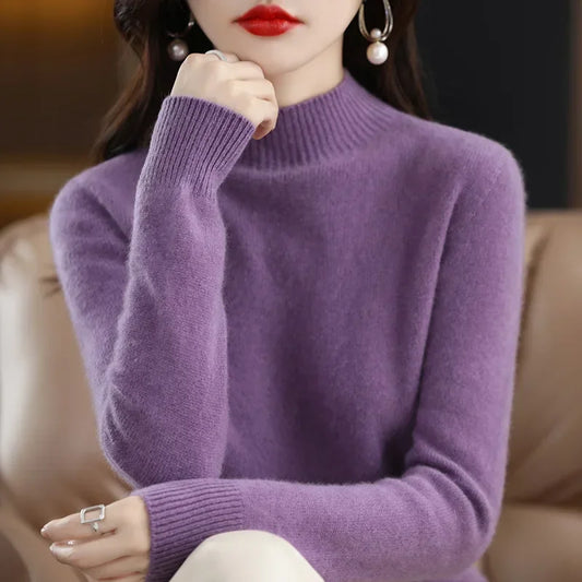 Half high collar women sweater solid color long sleeve pullover, close-up of half collar neckline and smooth knit