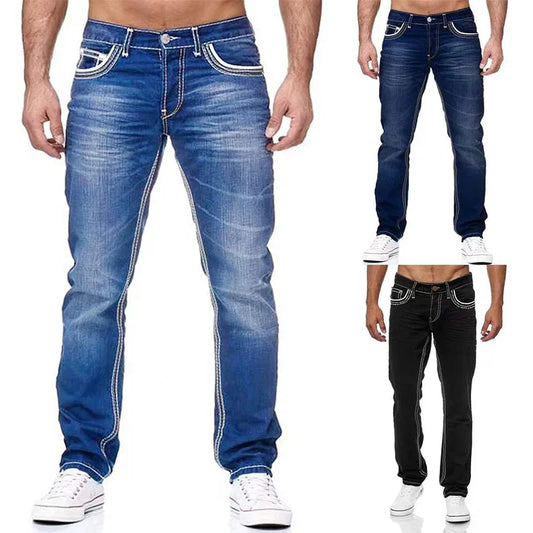 baggy jeans mens dark wash straight leg denim pants full length with slight stretch for travel work and weekends