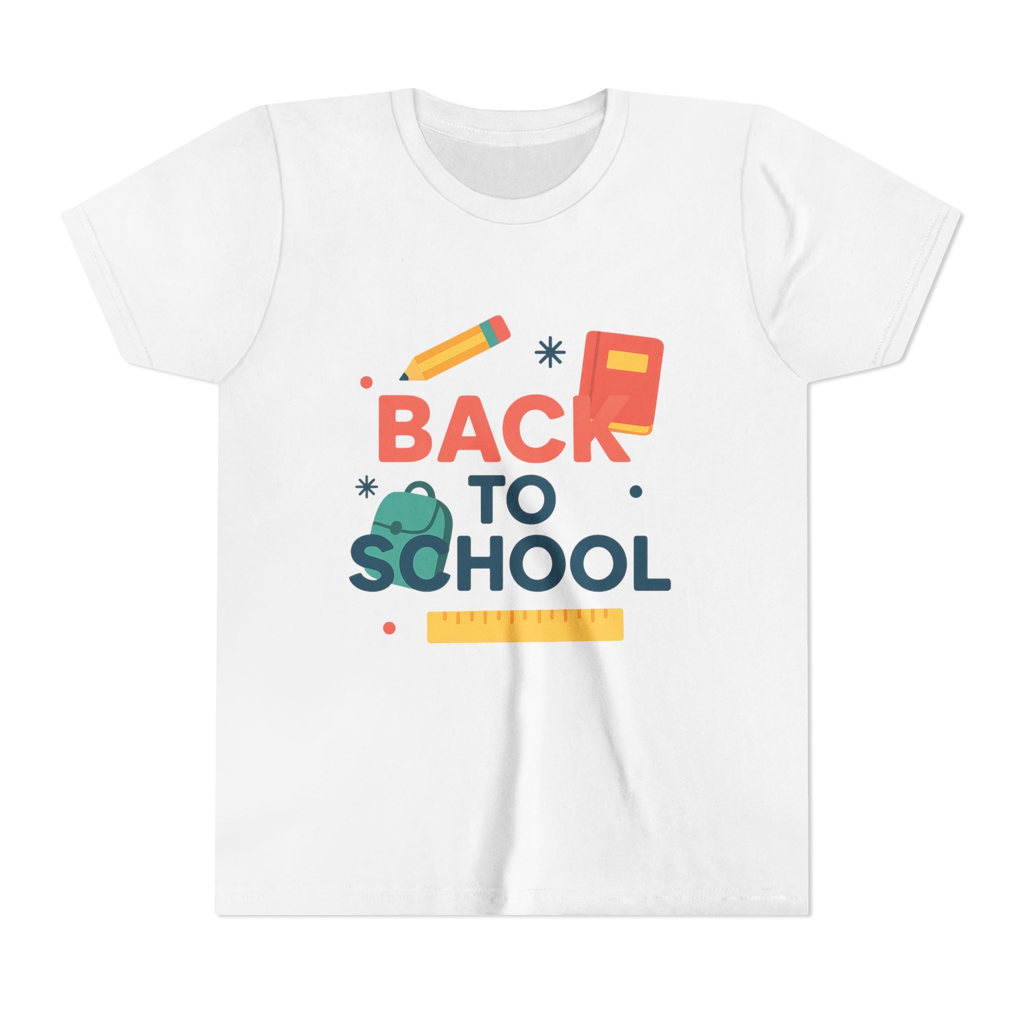 Smiling child wearing Back to School Youth Tee in school hallway