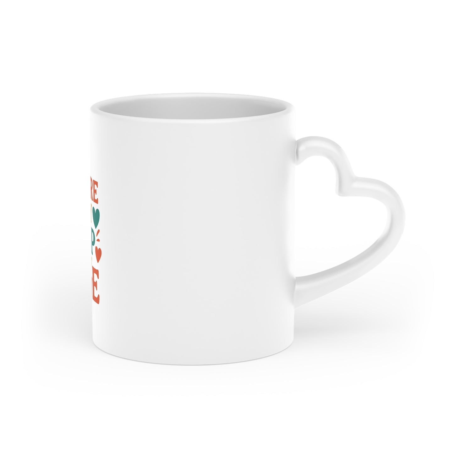 White ceramic mug with heart-shaped handle