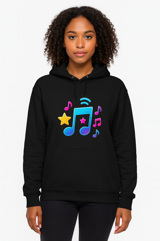 Music-themed hoodie with front pocket and long sleeves
