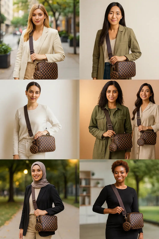 Vintage plaid crossbody set with matching mini purse in PU leather zipper closure, strap street chic for day to night. Sleek.