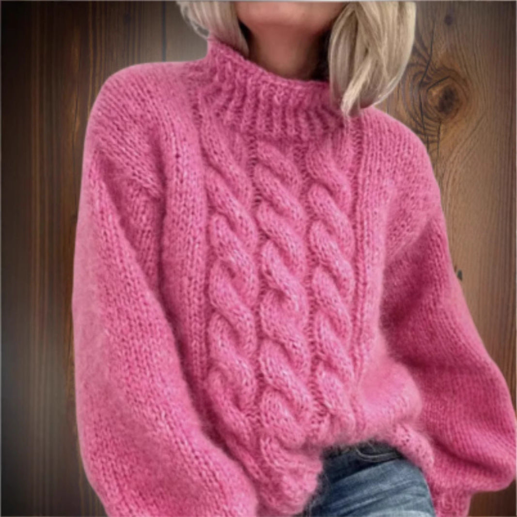 Warm winter women's turtleneck sweater in peach, styled with skirt for chic outfit idea.