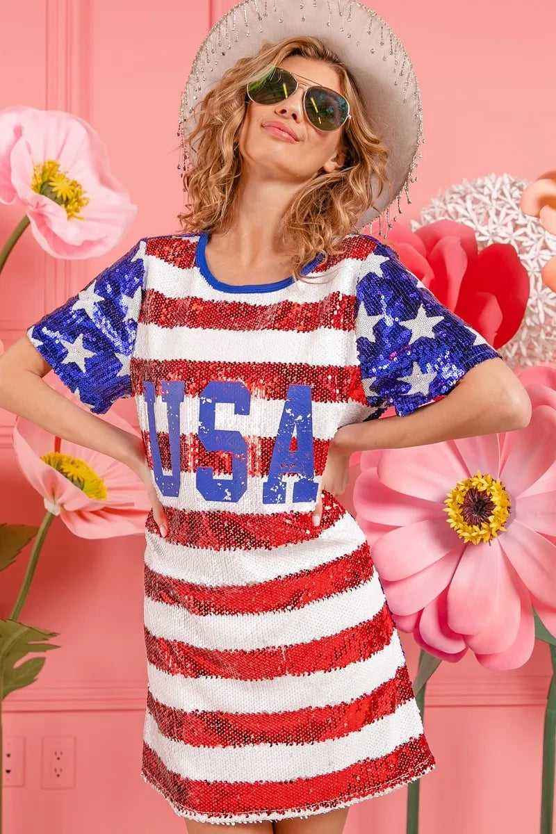 USA Flag Sequin Dress - Patriotic Sparkle for July 4th