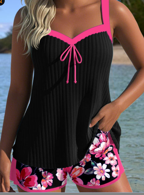 Women’s swimsuit with shorts – black shorts, printed top, beach-ready style for summer travel