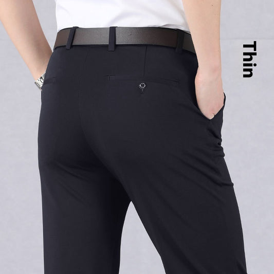 thin summer pants men dark gray breathable ice silk fabric flat lay with pockets