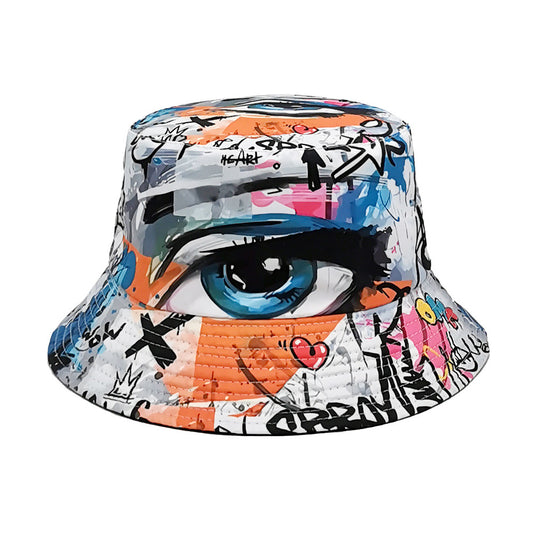 eye print bucket hat multicolor graffiti design on white bucket hat, lightweight polyester sun protection for outdoor walks