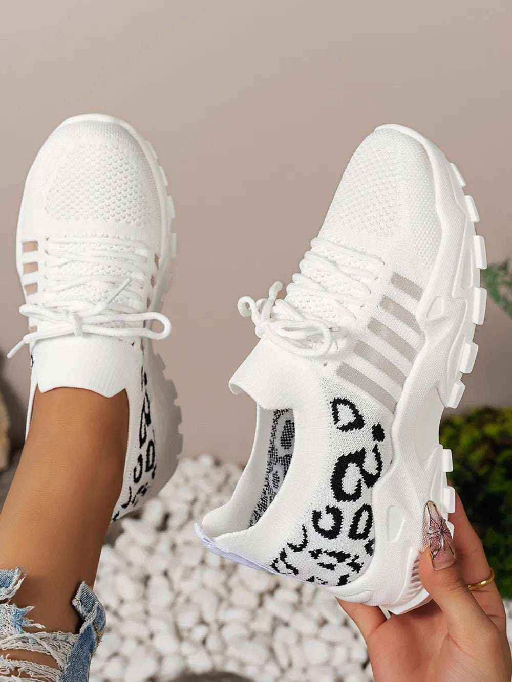 Leopard Cutout Mesh Lace-Up Sneakers - Stylish Flats
