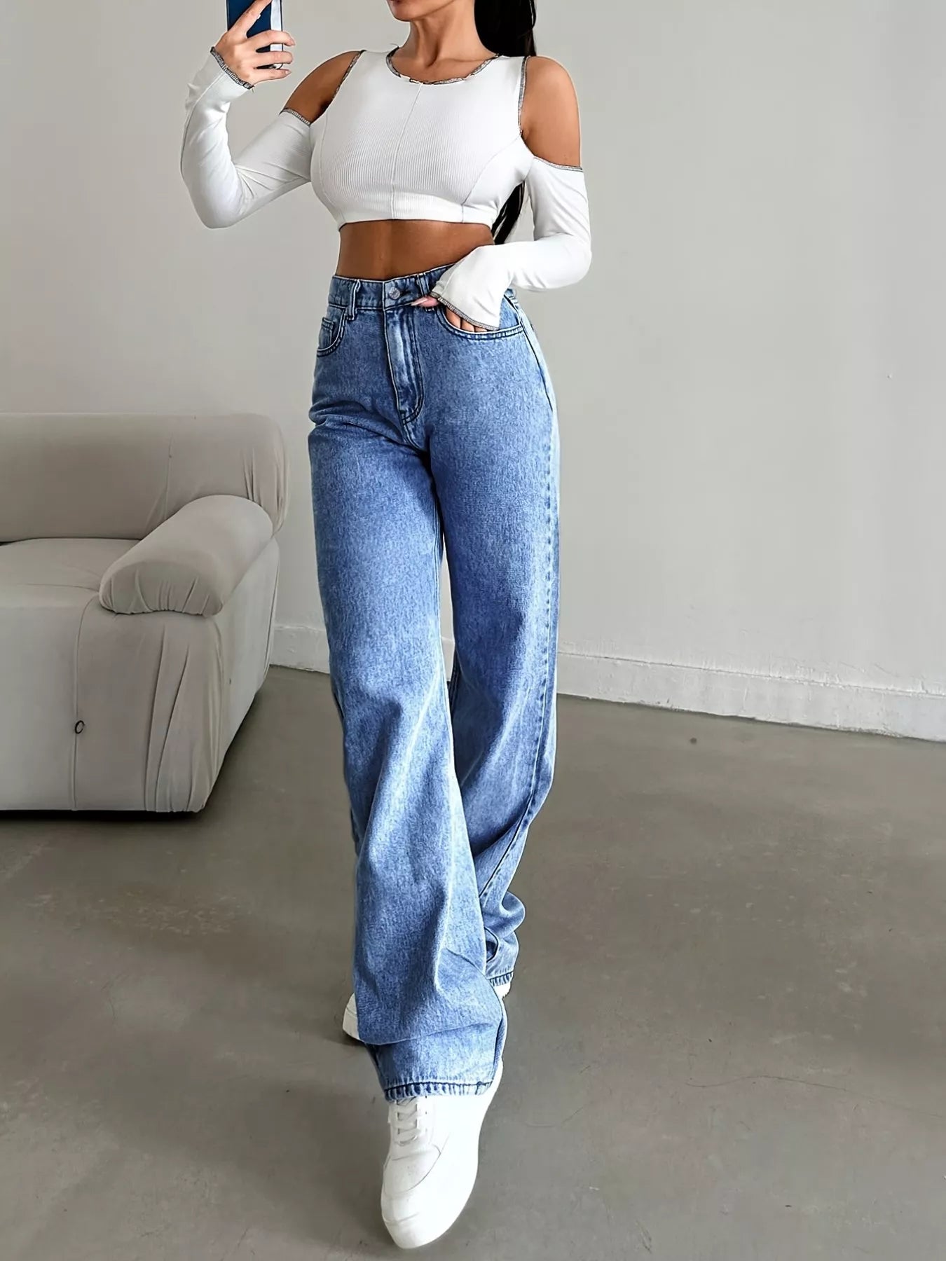 high rise wide leg jeans size chart reference photo with waist and hip fit guide for confident ordering