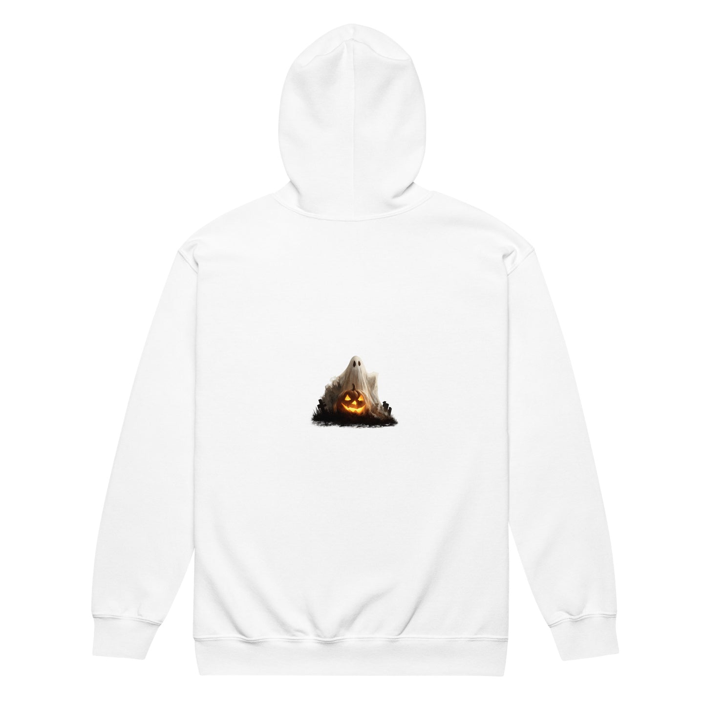 White fleece hoodie with Halloween ghost and pumpkin