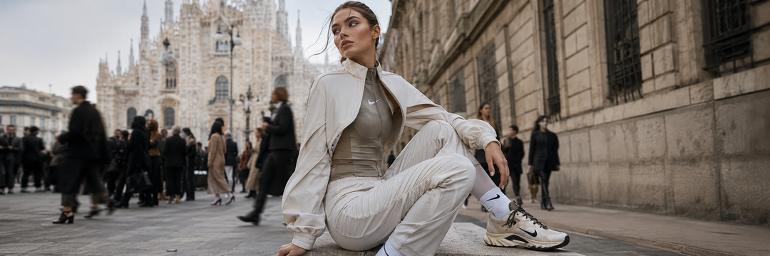 KNWLS x Nike inspired Milan Fashion Week streetwear look with sporty layers, bold sneakers, and premium city style.