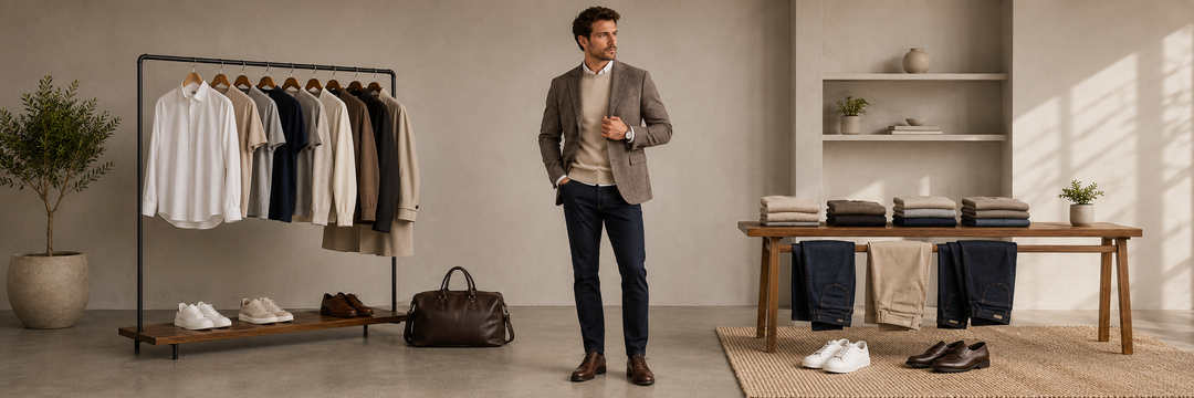 Modern men's capsule wardrobe with layered blazer, sweater, dark jeans and classic accessories