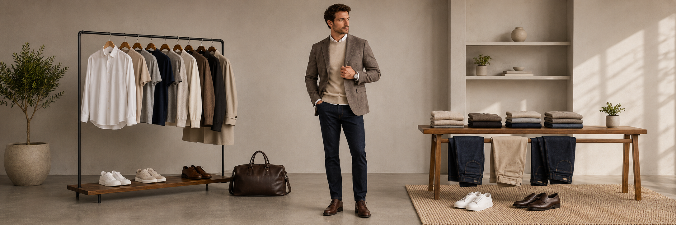 Modern men's capsule wardrobe with layered blazer, sweater, dark jeans and classic accessories