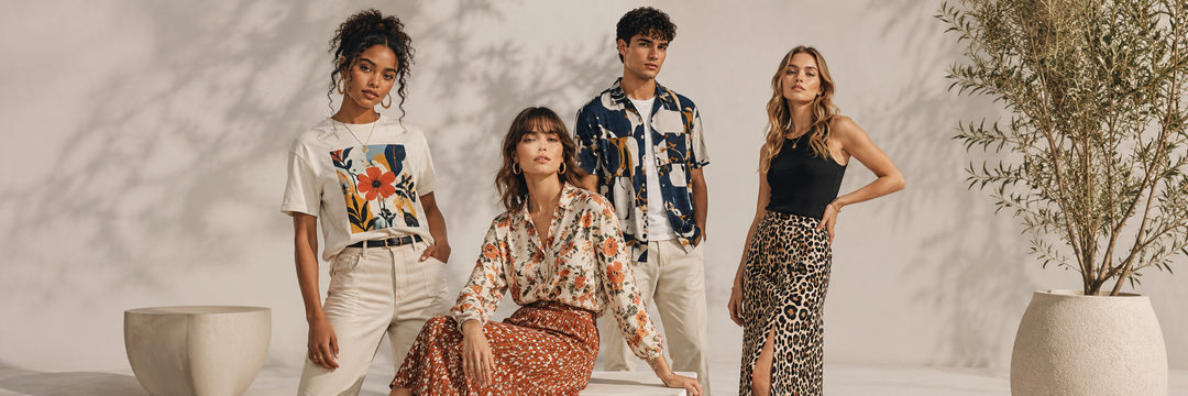 Printed clothing campaign with graphic tee, floral blouse, patterned skirt and animal print fashion look
