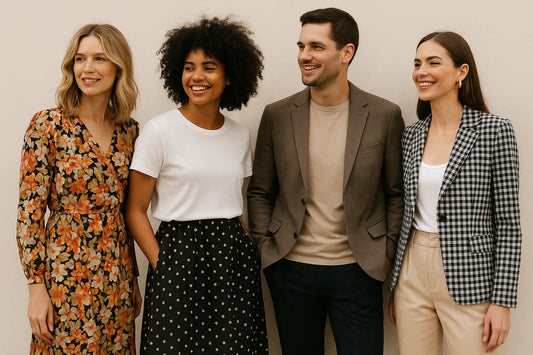 Man and woman in coordinated patterned outfits showing how to mix bold prints fashionably without clashing.
