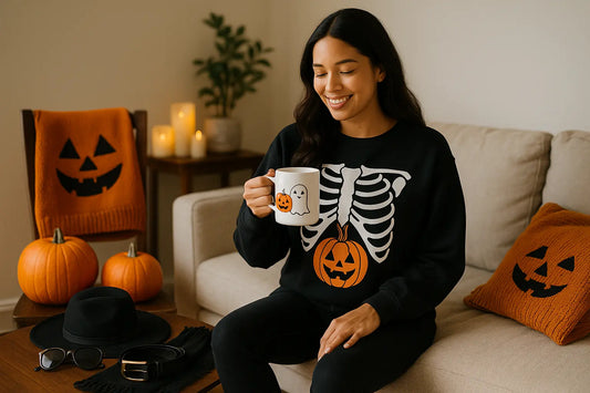 Lifestyle shot for an online store - model wearing a skeleton sweatshirt, sipping from a spooky pumpkin mug amid warm autumn decor.