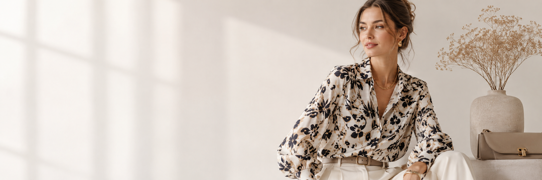 Fashion model in subtle mixed prints showing tasteful pattern styling in a minimalist interior