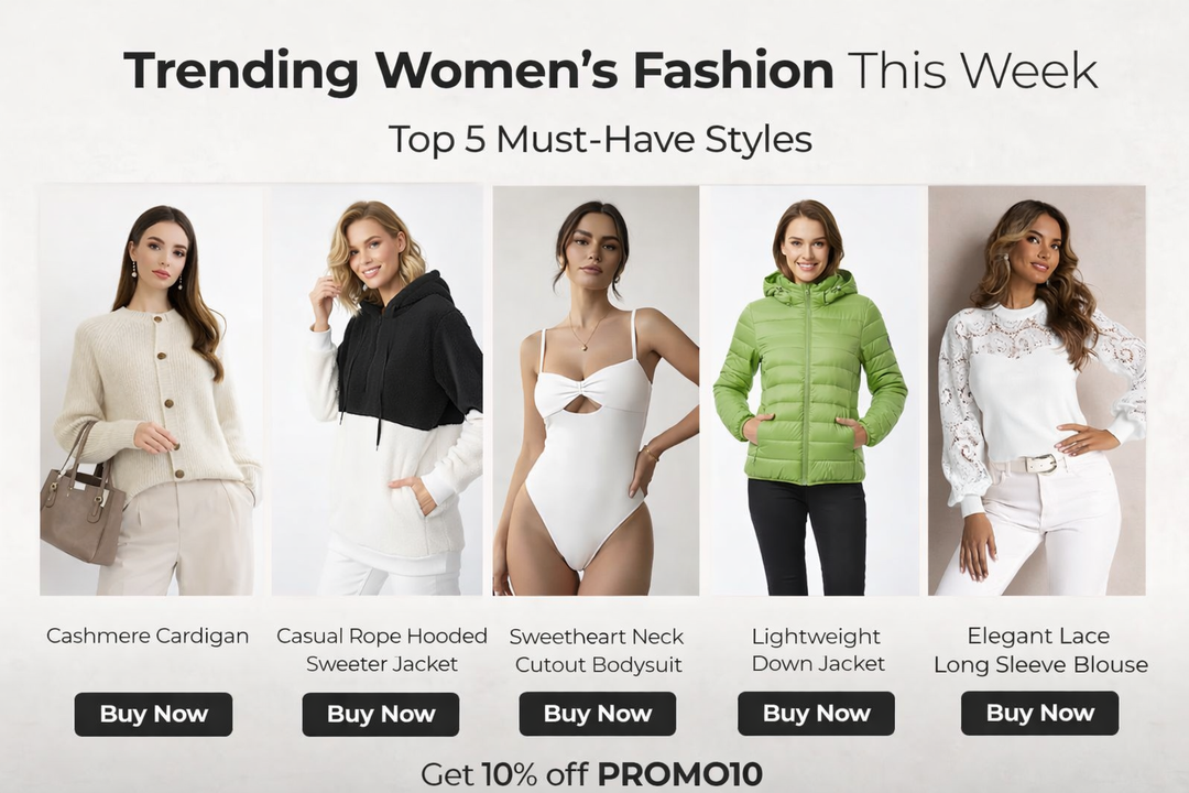 Elegant women clothing promotion with lace blouse bodysuit sweater jacket and winter jacket fashionable women wardrobe.