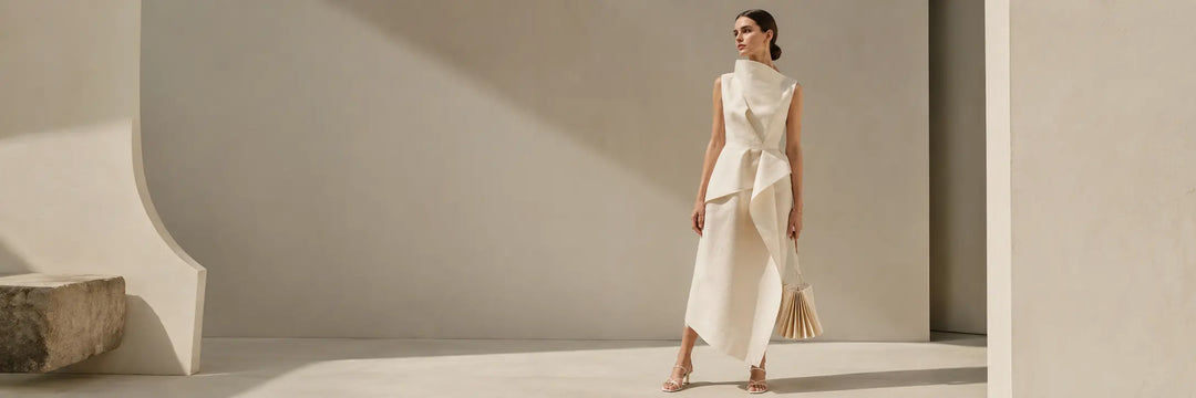 Minimalist fashion women look with clean lines and sculptural summer dress styling