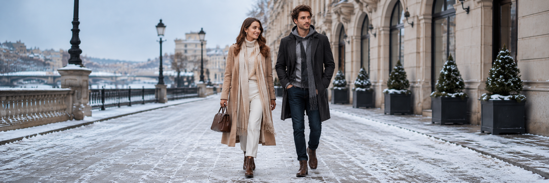 Stylish winter outfit idea with layered clothing, boots and cozy accessories for cold days