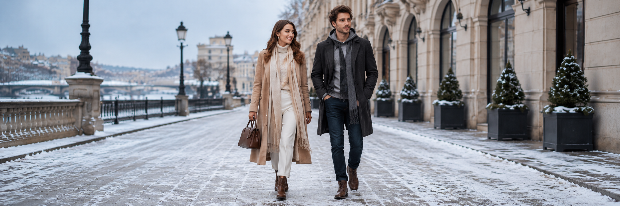 Stylish winter outfit idea with layered clothing, boots and cozy accessories for cold days