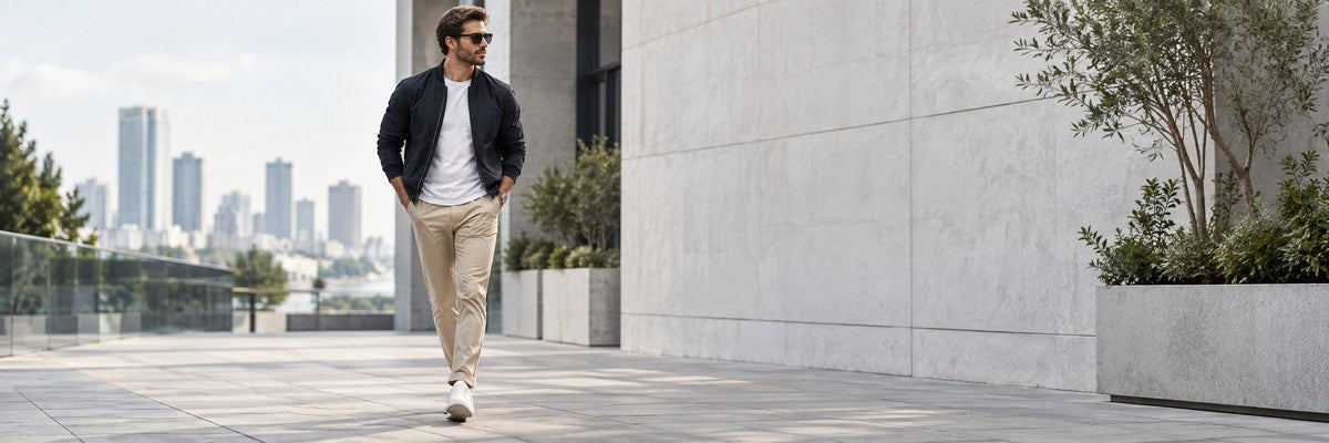 Men wearing simple everyday fashion basics with a dark jacket, white T-shirt, chinos and sneakers in a modern urban setting.