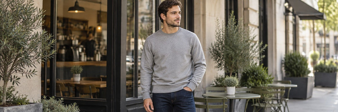 Man in a gray crewneck sweatshirt and dark jeans standing outside a local cafe, with trees, tables and soft natural daylight.