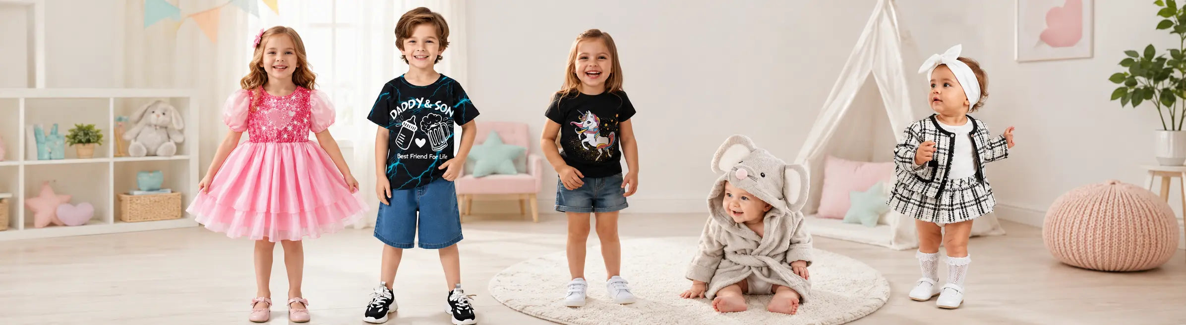 Children’s clothing collection with kids outfits, girls dress, boys denim shorts set, unicorn tee and cozy baby bathrobe for school and play