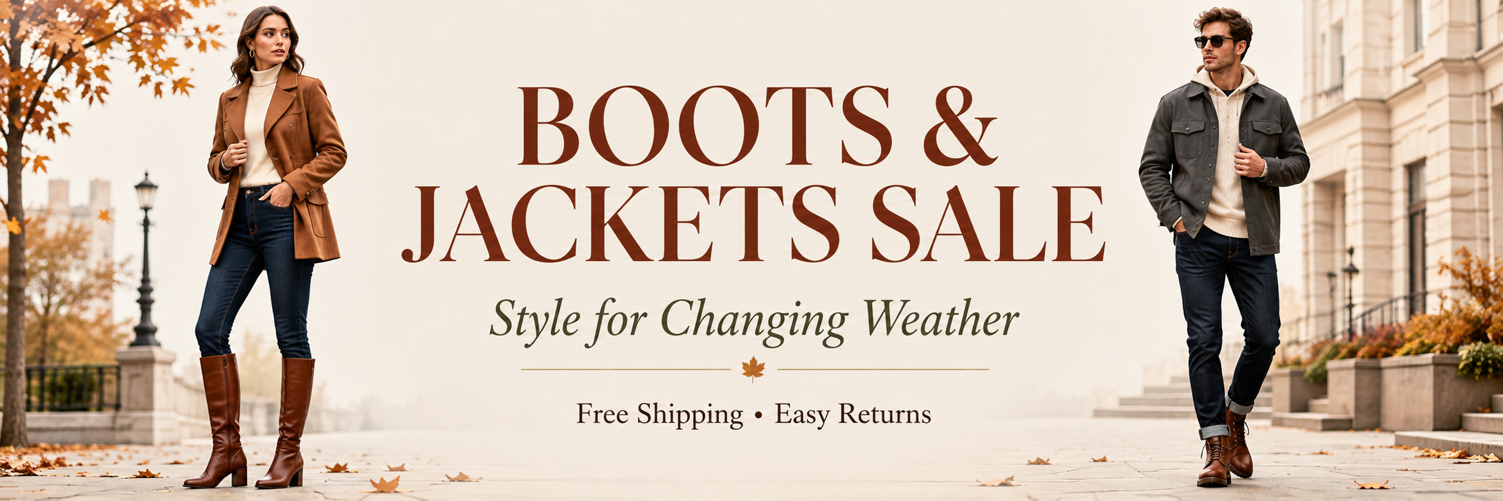 Autumn boots and jackets sale banner with female and male in seasonal outfits, brown boots, jackets, and city street fashion.
