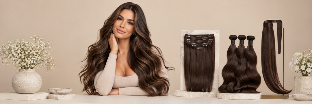 Hair extensions collection with clip-ins, ponytails and bundles for added length, volume and versatile everyday hairstyles UK